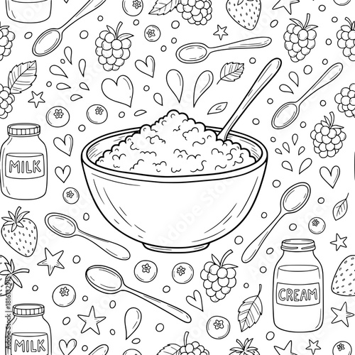Cottage Cheese and Berries Seamless Doodle Pattern Vector. Black and White Outline Background with Bowl, Milk, Cream, and Fruits.
