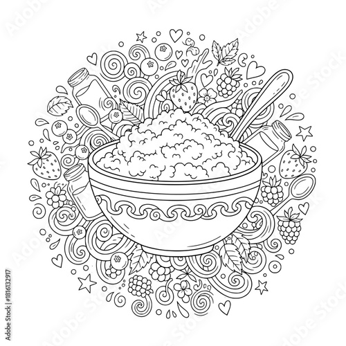 Detailed Cottage Cheese Doodle Vector Bowl with Berries, Fruits, Spoon, and Swirls in Black and White Intricate Outline Style.