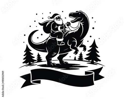 Santa Riding Dinosaur in Snowy Christmas Scene with Trees Holiday Vector Illustration
