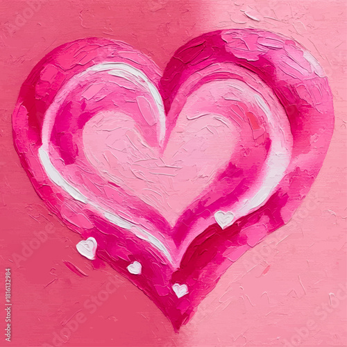 A pink heart shape with texture reminding rough thick brush strokes framed with little white hearts against the two-colored background; an oil-styled vector digital painting for love holiday designs.