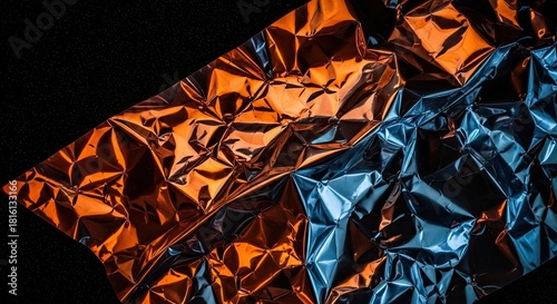 A dramatic top-down view of a crumpled, reflective foil surface with a futuristic texture, lit by contrasting warm orange and cool blue colors against a black starry background
