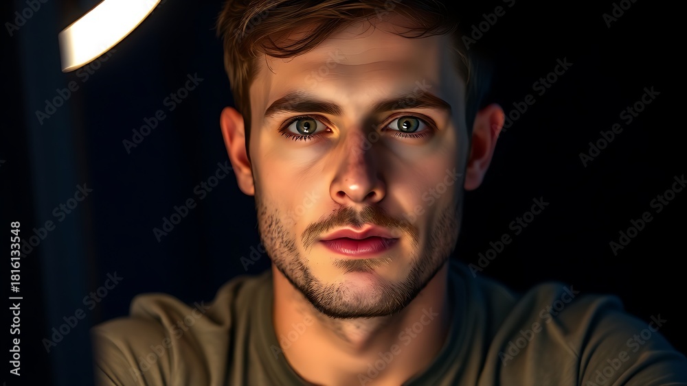 Fototapeta premium A focused male programmer at night with warm desk lamp glow and a simple dark background.