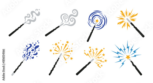 Collection of eight stylized magic wands with various magical effects and bursts of energy.