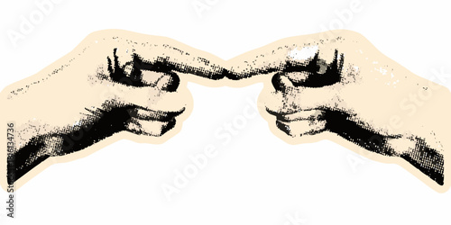 Two hands touching index fingers in a halftone style illustration