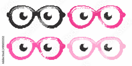 Four pairs of eyeglasses with pixelated effect in black and pink