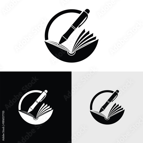 Creative logo design with book and pen illustration