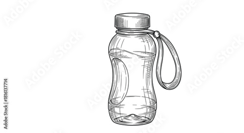 Hand drawn illustration of a transparent water bottle with a carrying strap.