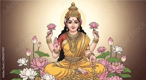 Vintage cartoon illustration of a beautiful Thai woman surrounded by flowers