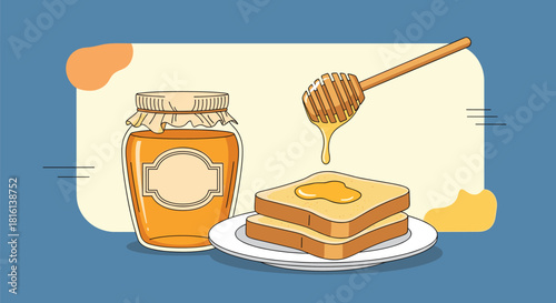 Illustration of a jar of honey, a honey dipper drizzling honey onto toast, and a white plate.
