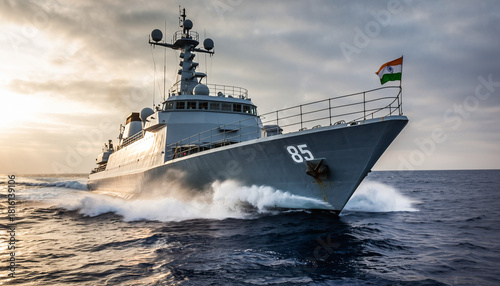 Indian Navy warship number 85 sailing at speed on the open ocean with the Indian flag flying.