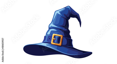 A stylized blue witch hat with a gold buckle and belt.