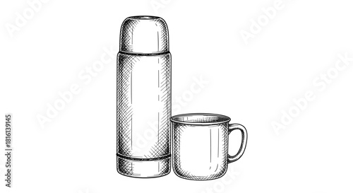 Hand-drawn illustration of a thermos and a mug on a white background.