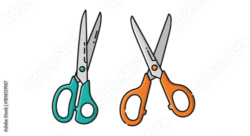 Two open pair of scissors, one turquoise and one orange, against a white background.