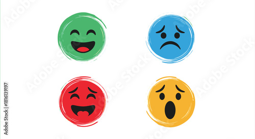 Four painted circles with cartoon faces representing different emotions like happy, sad, angry and surprised.