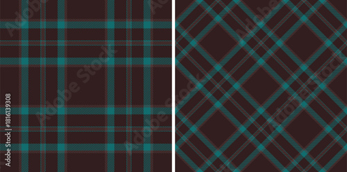 Elegant seamless pattern set featuring traditional plaid designs with rich brown and vibrant turquoise. Ideal for textiles, backgrounds, or adding a classic touch to creative projects.