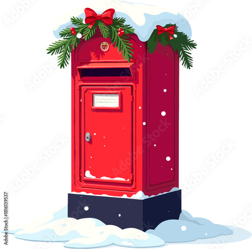Christmas red mailbox decorated with festive pine branches, holly leaves and bright berries, covered with soft winter snow, ideal for holiday cards, seasonal designs, cozy winter illustrations and New