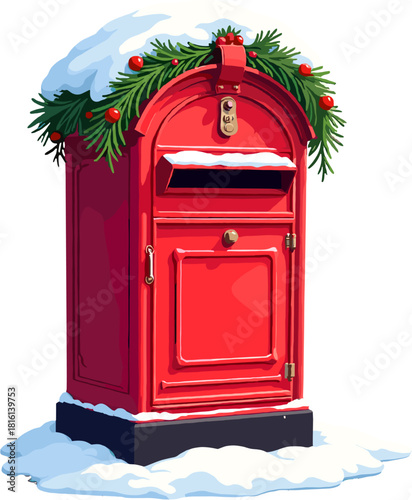 Festive red Christmas mailbox covered with snow and decorated with holly leaves and red berries, perfect for holiday cards, winter scenes, seasonal design projects, New Year greetings and cozy festive
