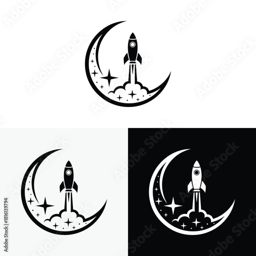rocket moon whale tail logo vector icon illustration