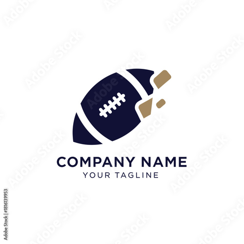 Stylized dark blue American football logo with white laces, breaking apart into gold fragments, suitable for a sports company.