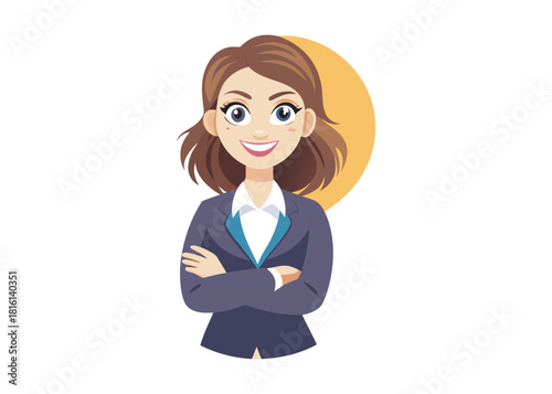 illustration of a woman in a suit, a cartoon ofa woman in a suit with her arms crossed.