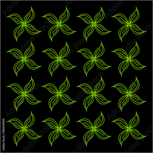 Bright neon-green floral motifs repeat across a deep black background, forming a vivid geometric pattern that blends organic curves with glowing modern symmetry.