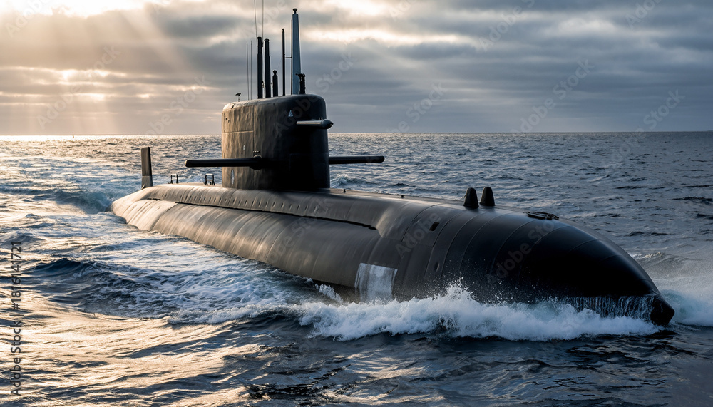 Fototapeta premium Modern Submarine Sailing on the Ocean Surface.