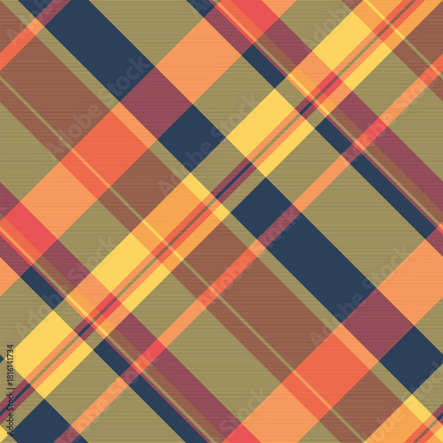 Premium check pattern tartan, cross background textile texture. Scrapbook fabric plaid vector seamless in blue and amber colors.