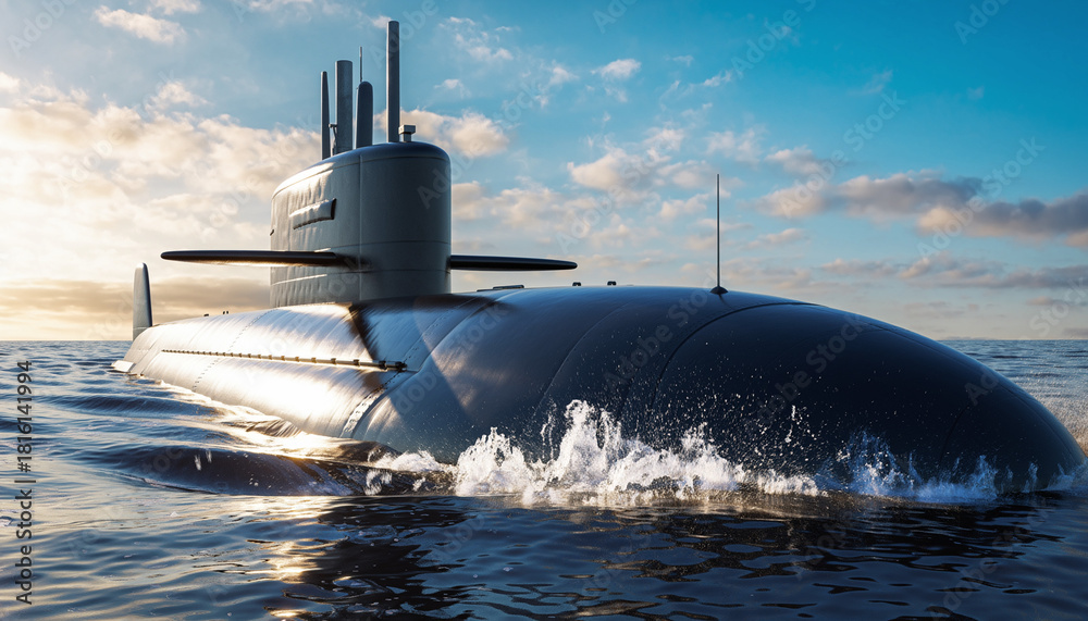 Fototapeta premium Modern Submarine Surfacing in Open Ocean Waters.