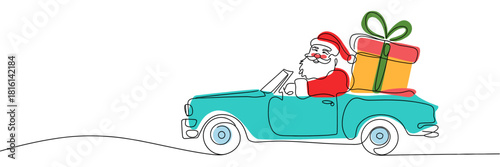 Santa driving retro car with gift in minimalist line art with color accents, single line drawing with color accents on white background