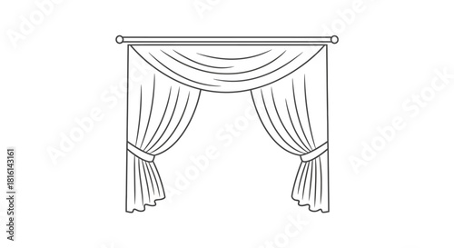 Elegant line art drawing of window curtains with a decorative valance and stylish tie-backs.