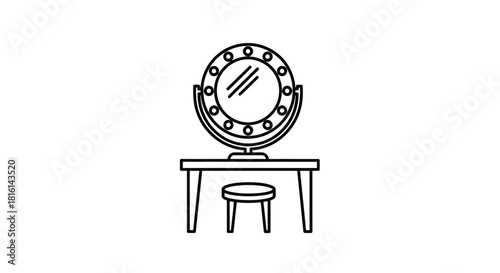 Line art illustration of a vanity table with a round mirror surrounded by lights and a small stool.