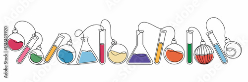 Lab glassware and Christmas balls in minimalist line art with colorful accents