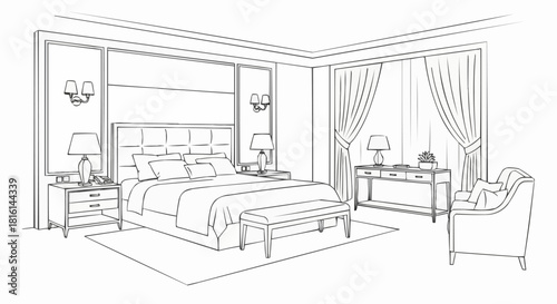 Elegant bedroom interior design with bed and furniture details.