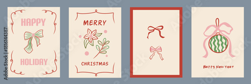 Hand drawn la dolce vita Christmas doodles. Vector illustration cards icon with bows, flower, ball. Minimalist winter line art for invitations, stationery, printables, social media, wall art.	