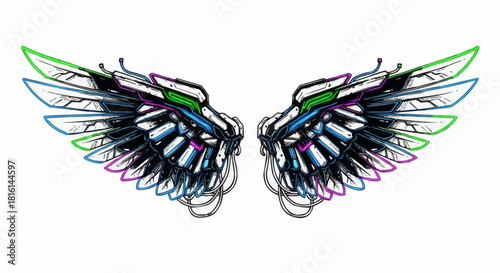 Futuristic mechanical angel wings with glowing neon highlights.