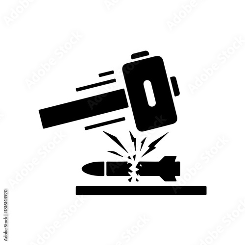 Features a large hammer striking and breaking a small missile/rocket on an anvil or flat surface, representing the force required for total nuclear elimination and peace