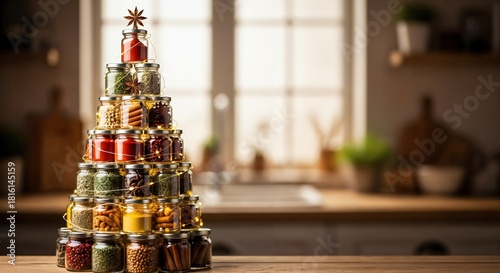 Fototapeta Naklejka Na Ścianę i Meble -  Creative Christmas tree made from various spice jars with festive lights on a rustic kitchen counter, celebrating holiday cooking and culinary joy
