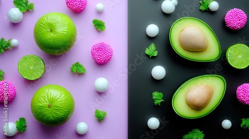 A top-down view of a split background, one side pastel pink and the other dark gray, featuring fresh green avocados cut in half, lime slices, whole limes, small