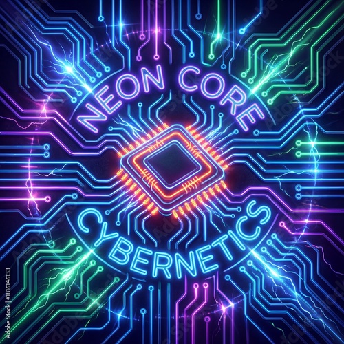 Vibrant neon circuit board illustration with glowing data lines and a central futuristic processor, modern technology concept