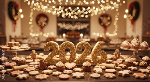 Golden Glittery 2026 New Year Celebration with Festive Christmas Cookies and Cupcakes