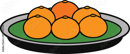A vibrant illustration of a platter filled with ripe oval shaped orange fruits artfully arranged on a bed of green leaves evoking freshness and abundance