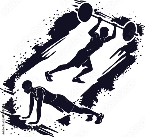 Silhouette of athletes performing weightlifting and strength training exercises
