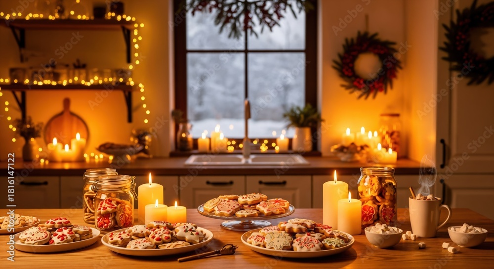 Naklejka premium Cozy Christmas Kitchen Scene with Festive Cookies, Warm Candles, Hot Cocoa, and Snowy Window View, Perfect for Holiday Celebrations