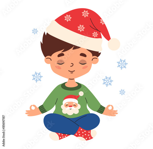 Cute Christmas Boy in Santa Hat Meditating. Male Child Yogi in ugly Xmas Sweater Sits in Lotus Pose. Holiday Dreaming Character. Vector illustration. Not AI 