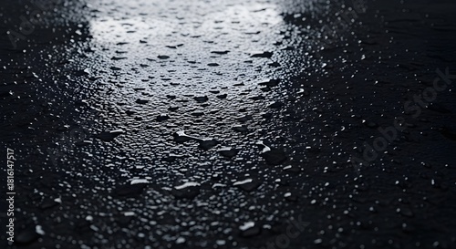 Realistic dark wet wall texture with water droplets and glossy reflections. Industrial moody atmosphere, dramatic shadows, perfect for podcast backgrounds or desktop wallpaper