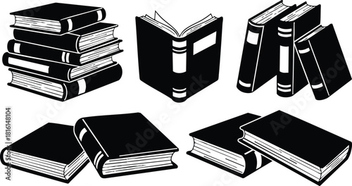 Collection of various books and stacked volumes in black and white illustration for educational purposes 