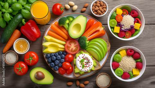 Vibrant Healthy Breakfast or Snack Platter with Fresh Vegetables, Fruits, and Grains.