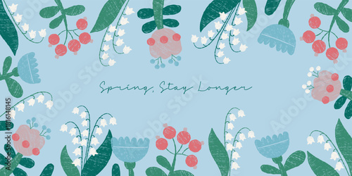 Crayon Spring Floral Poster. Blooming Hand-drawn Flower, White lily of the Valley, Plants and Berry on Blue Background. Primitive Botanical Textured Vector horizontal illustration. Not AI