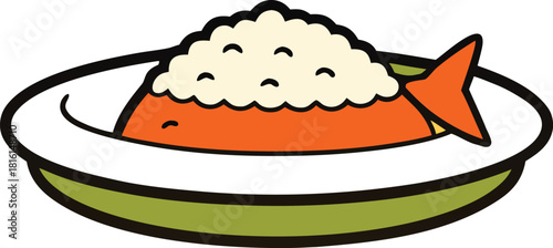 Whimsical cartoon fish shaped rice dish served in a bowl featuring a cute orange fish with a fluffy white rice top