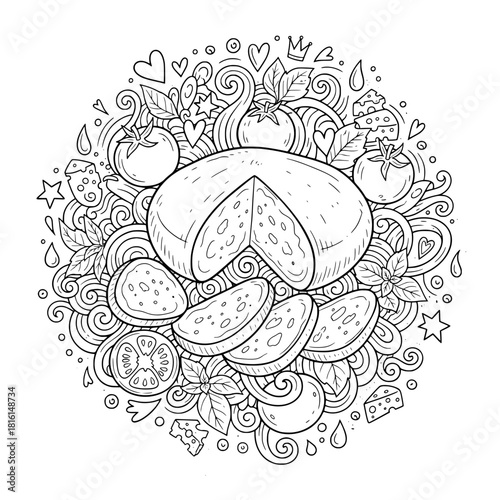 Mozzarella Cheese Doodle Vector with Sliced Tomato, Fresh Basil, and Decorative Swirls in Detailed Black and White Outline.